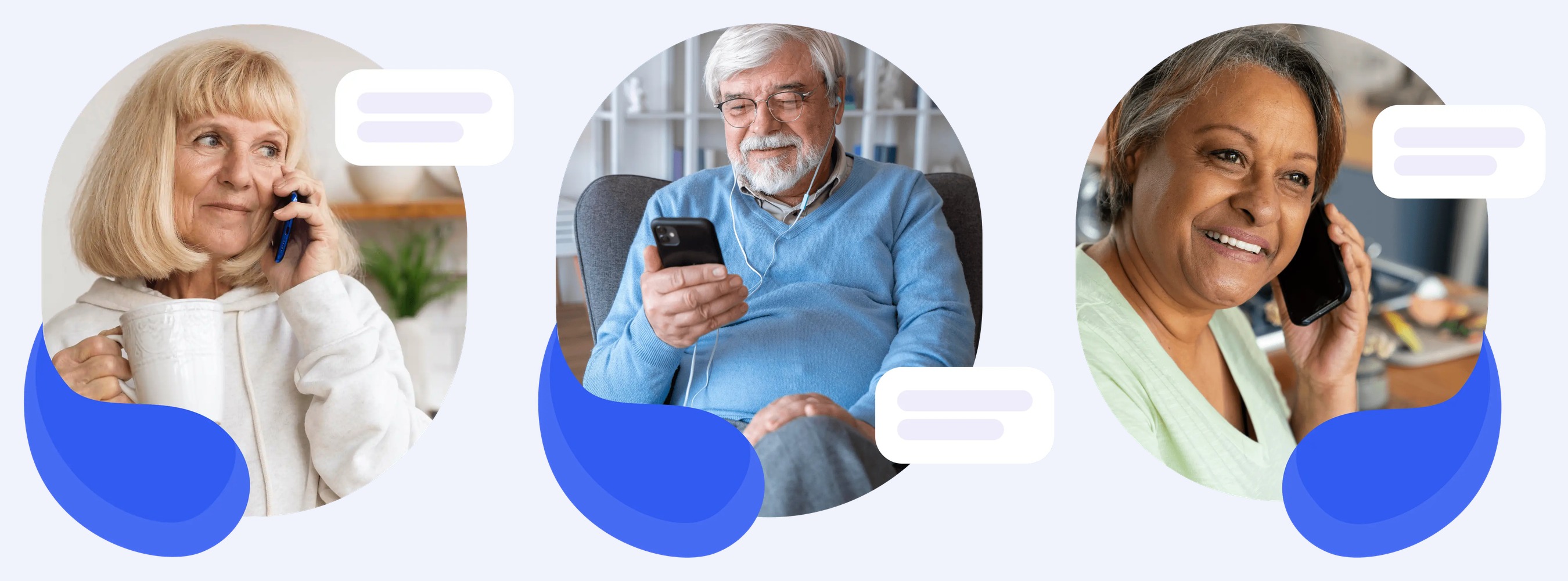 Three older adults taking CaringAI screening calls from home