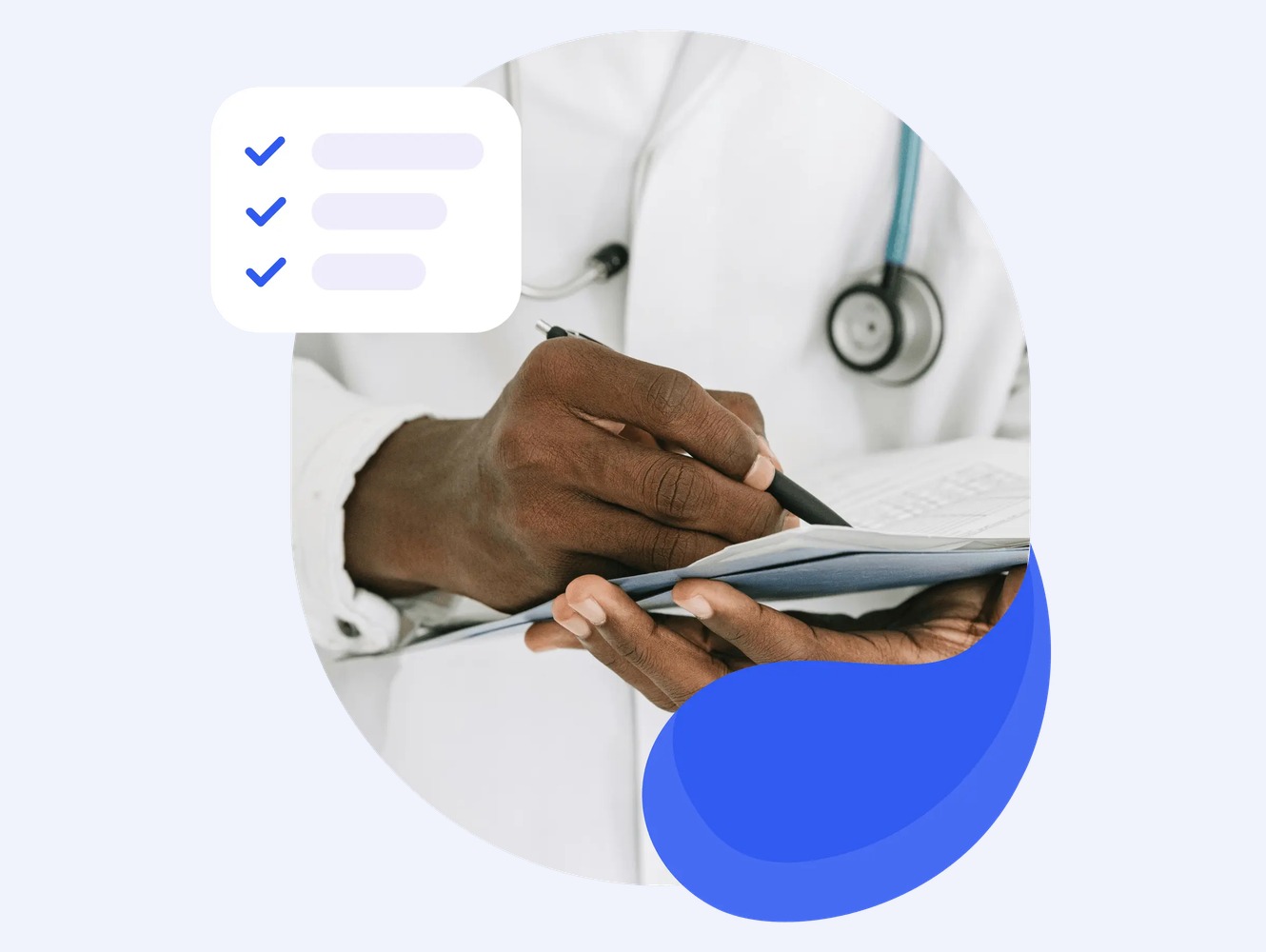 A clinician completing documentation with a checklist overlay