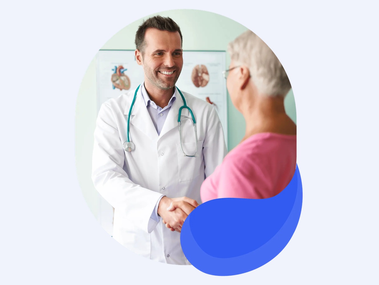 A physician greeting an older patient in clinic