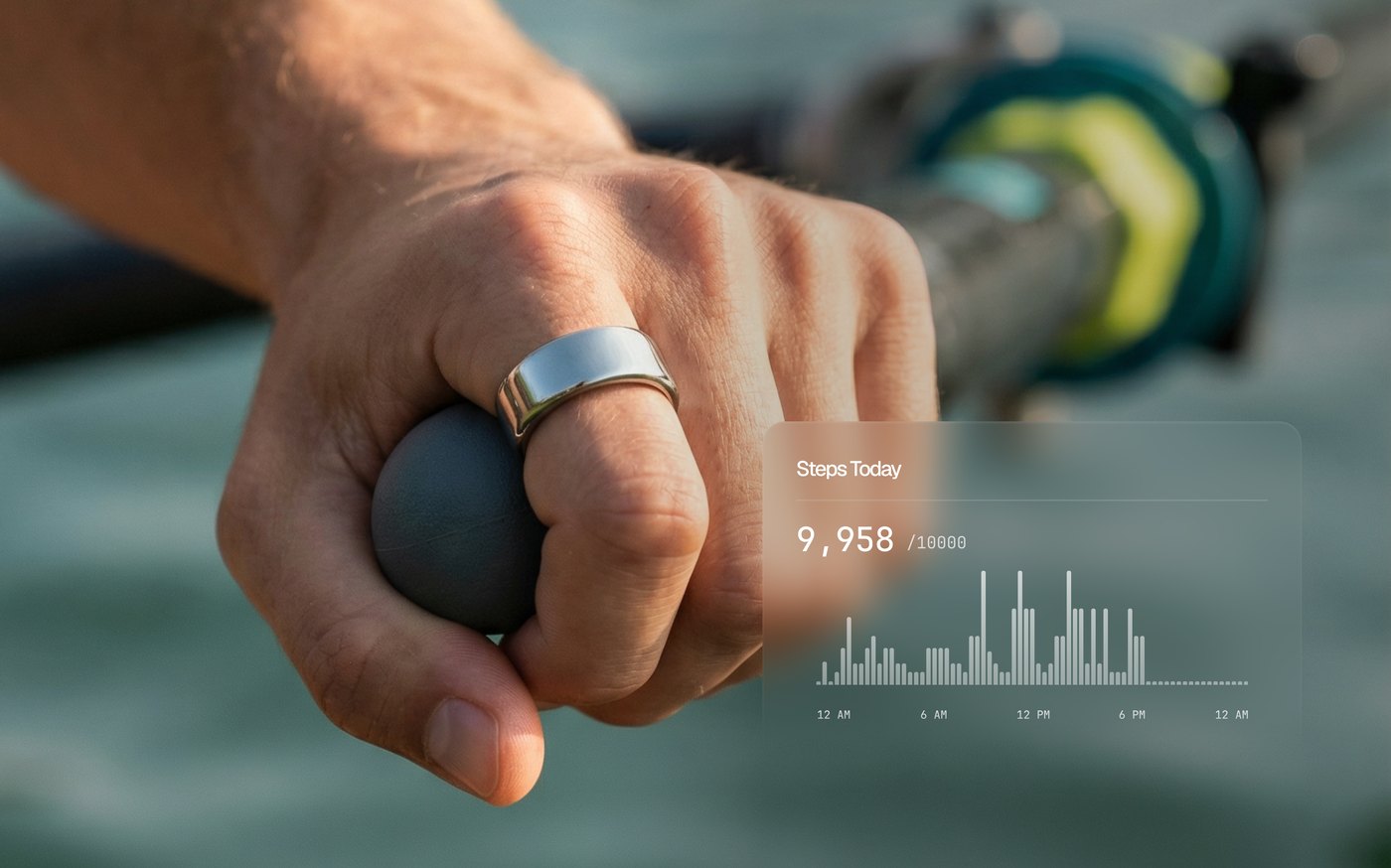 A rower's Ring AIR step count overlay showing steps today against a 10000 step goal