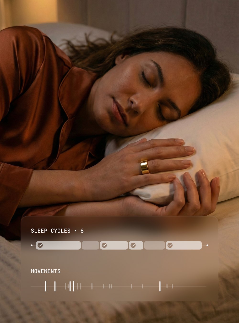 A Ring AIR wearer asleep with a sleep cycles and movement overlay
